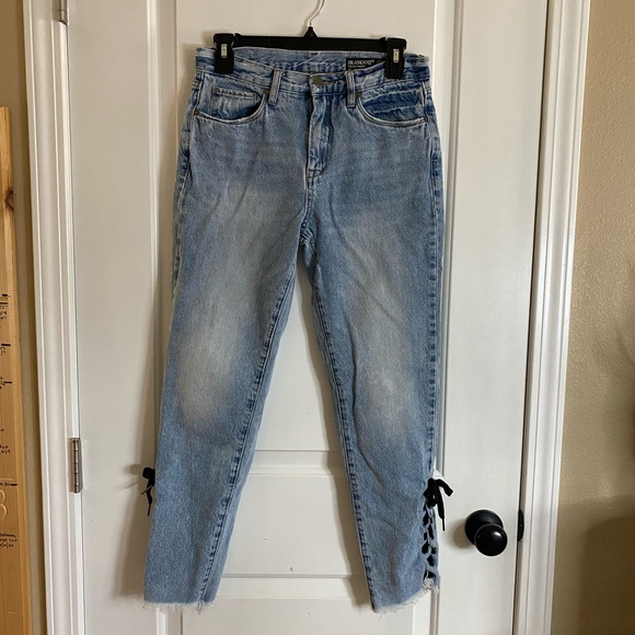 Blank NYC High Rise Tapered Lace Up Raw Hem Jeans - Picture 5 of 13